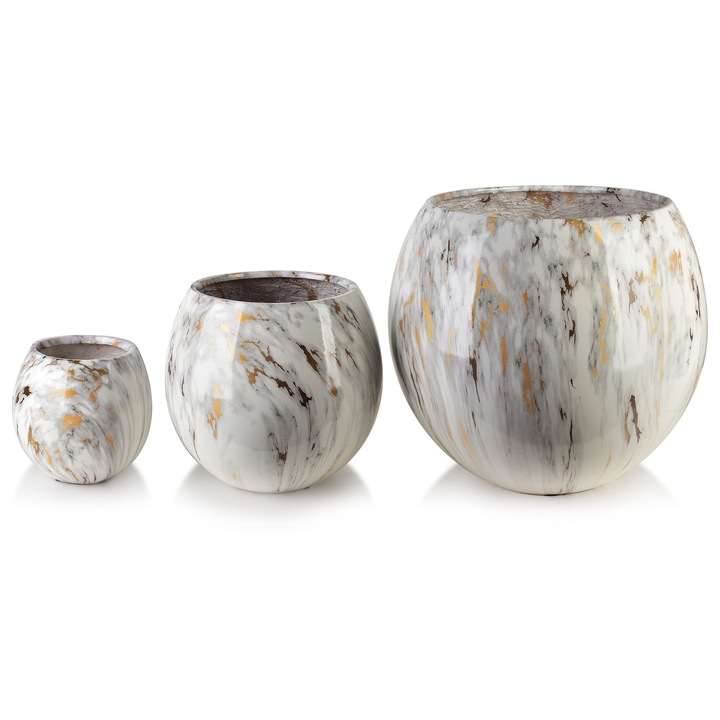 Set 3 ghivece Neva Marble, 42,5x42,5x39cm, 28x28x27cm, 20x20x19cm, fibra de sticla, interior