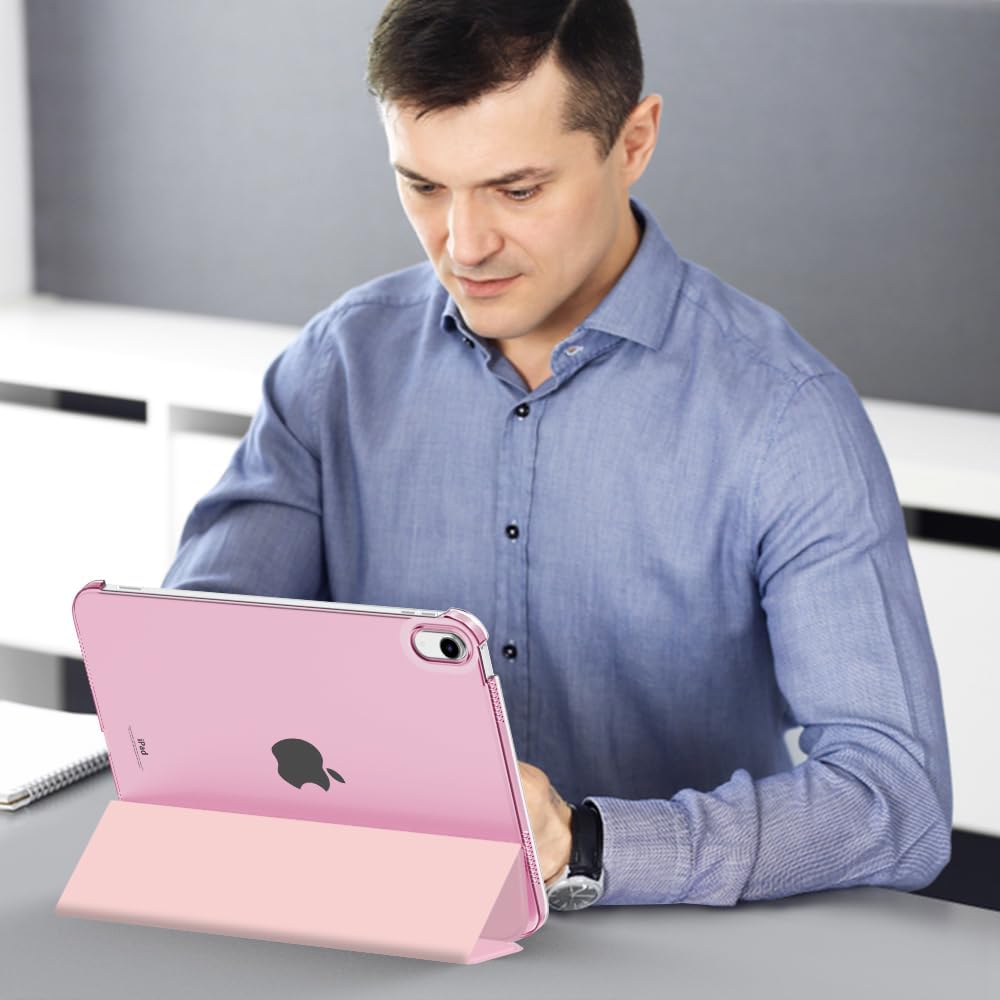 Husa pentru iPad Generatia a 10-a (2022) 10.9", Husa Tableta Subtire si Usoara din Piele PU cu Functie Auto Sleep/Wake, Spate din PC Translucent, roz pal