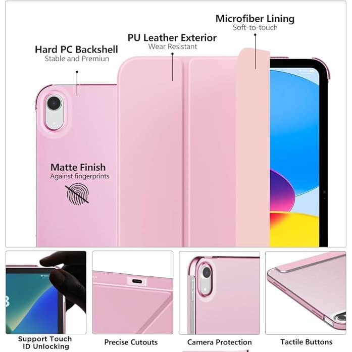 Husa pentru iPad Generatia a 10-a (2022) 10.9", Husa Tableta Subtire si Usoara din Piele PU cu Functie Auto Sleep/Wake, Spate din PC Translucent, roz pal