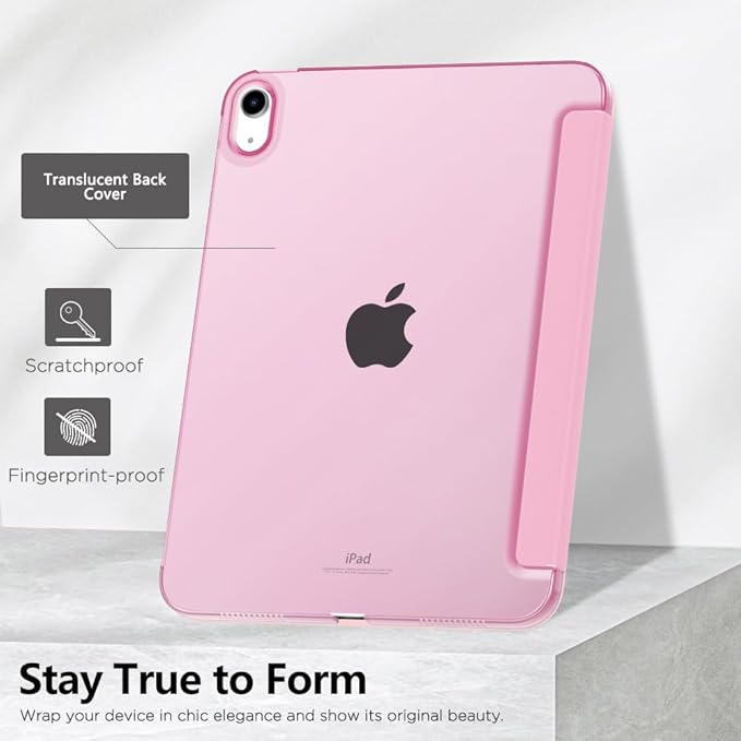 Husa pentru iPad Generatia a 10-a (2022) 10.9", Husa Tableta Subtire si Usoara din Piele PU cu Functie Auto Sleep/Wake, Spate din PC Translucent, roz pal