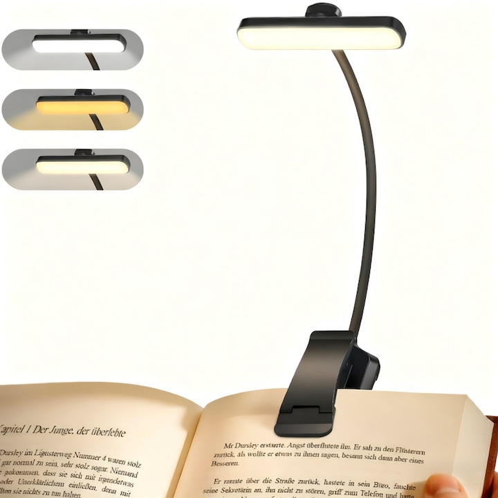 Lampa de carte portabila pentru citire, 24 LED-uri si 3 moduri de iluminare, incarcare USB, gat flexibil 360°, tampon anti-alunecare din silicon, material plastic, culoare neagra