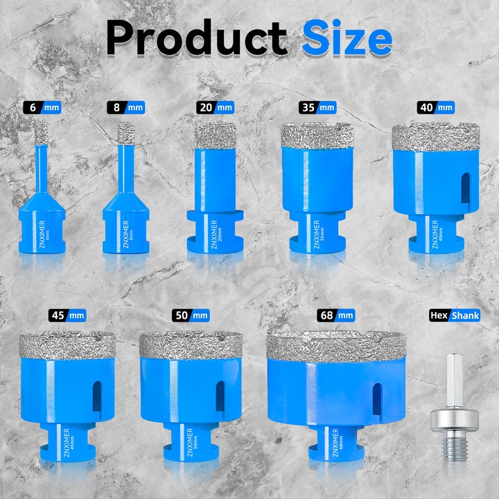 Комплект диамантени боркорони ZNXIMER M14, 9 броя 6/8/20/35/40/45/50/68 мм/адаптер, за плочки, фаянс, гранит, мрамор, керамика, сухо/мокро пробиване, съвместими с ъглошлайф и бормашина