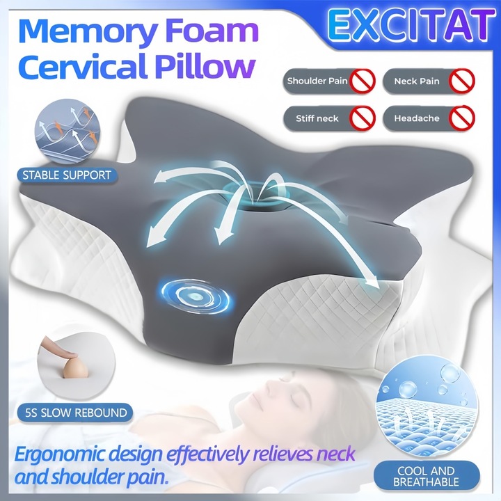 Perna Cervicala din Spuma cu memorie, Excitat®, Perna Ortopedica Cervicala pentru dormit, fortopedica si ergonomica, Pentru dormit pe spate, lateral sau burta, oate fi folosit pentru sustinerea gatului si a gatului, Gri/alb
