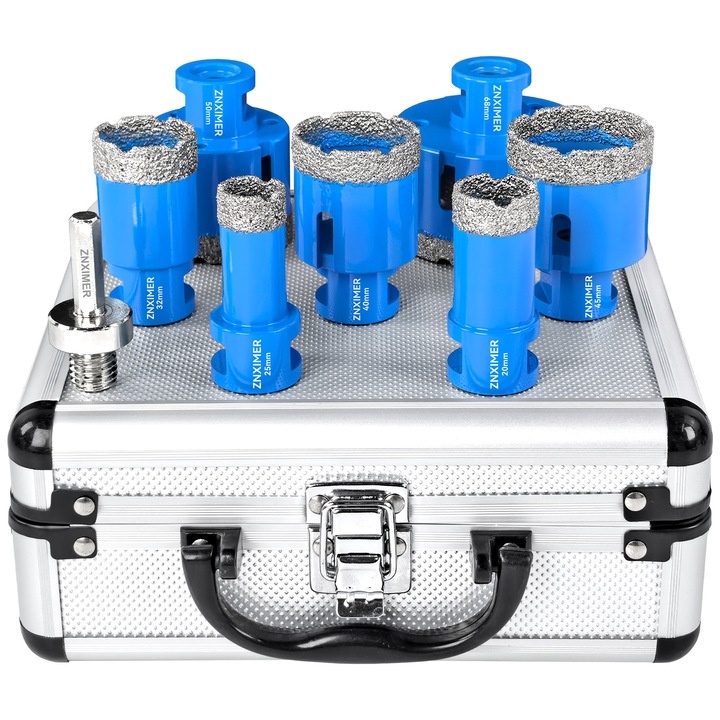 Set de 8 carote cu diamant ZNXIMER, M14, 20/25/32/40/45/50/68mm/Adaptor, pentru gresie, granit, marmura si ceramica, gaurire uscata/umeda