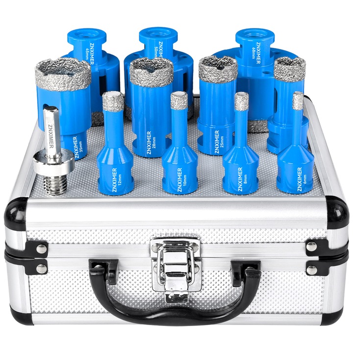 Set carote diamantate ZNXIMER M14, 12 bucati 6/8/10/12/20/25/28/35/45/50/68mm/Adaptor, pentru gresie faianta granit marmura ceramica, gaurire uscata/umeda, compatibile polizor unghiular si bormasina