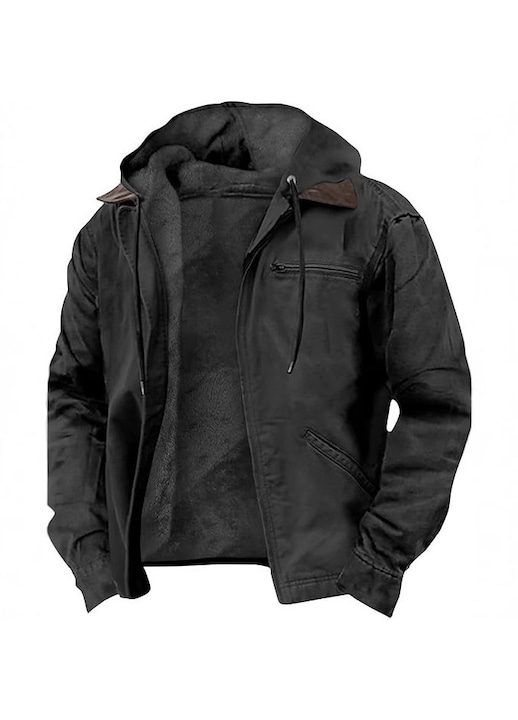 Geaca barbati, cu gluga, impermeabila, poliester, Negru