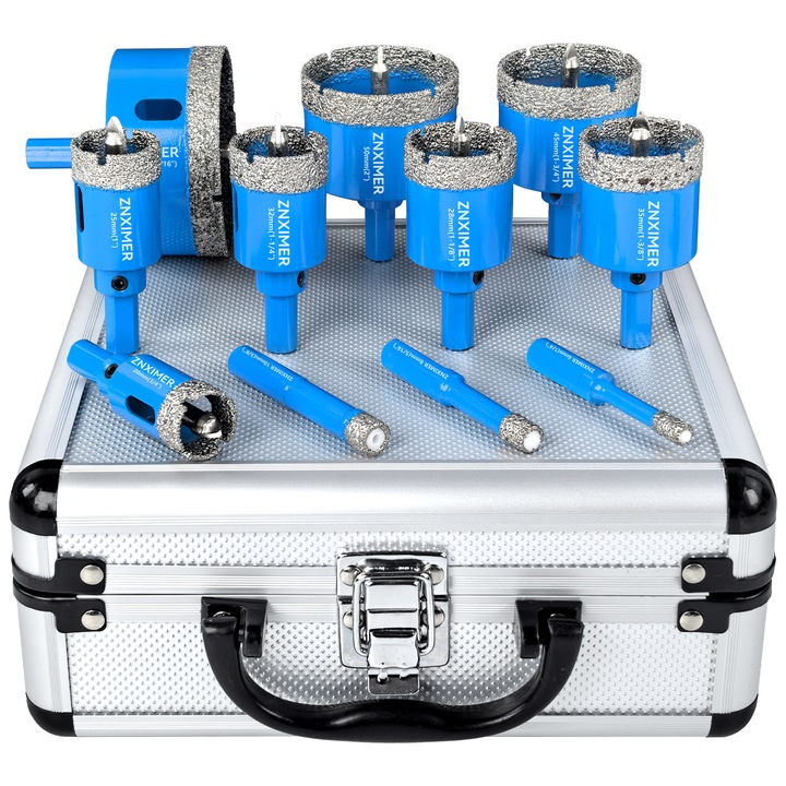 Set de 11 carote cu diamantate ZNXIMER, 6/8/10/20/25/28/32/35/45/50/68 mm, pentru gresie, granit, marmura si ceramica, gaurire uscata/umeda