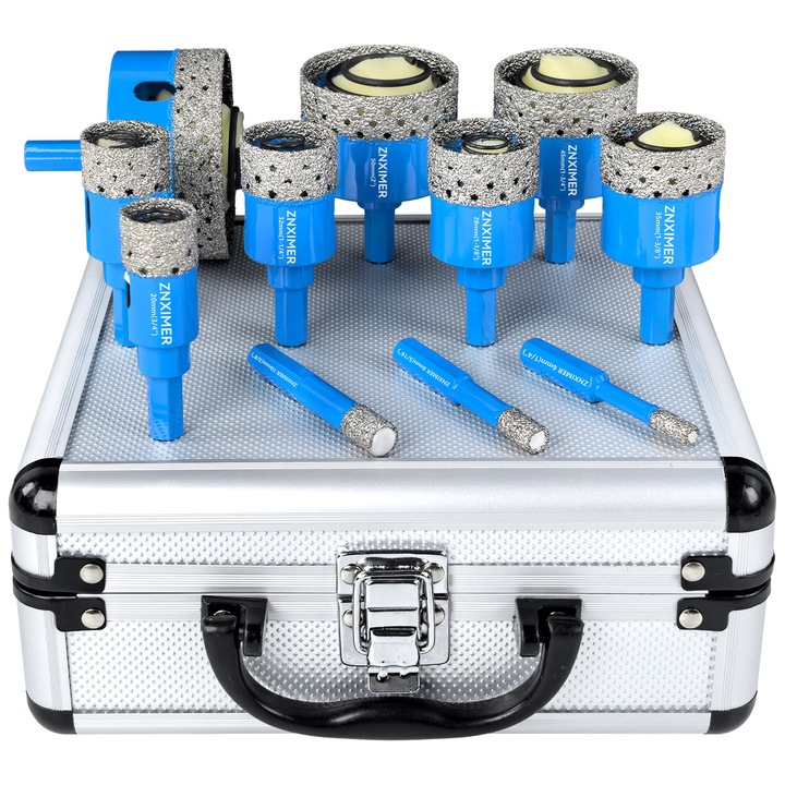 Set de 11 carote cu diamantate ZNXIMER, 6/8/10/20/25/28/32/35/45/50/68 mm, pentru gresie, granit, marmura si ceramica, gaurire uscata/umeda