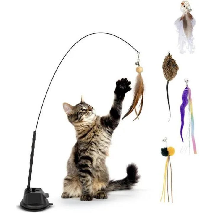 Комплект играчки за котки, 7 части, въдица, вендуза, пера, екологични