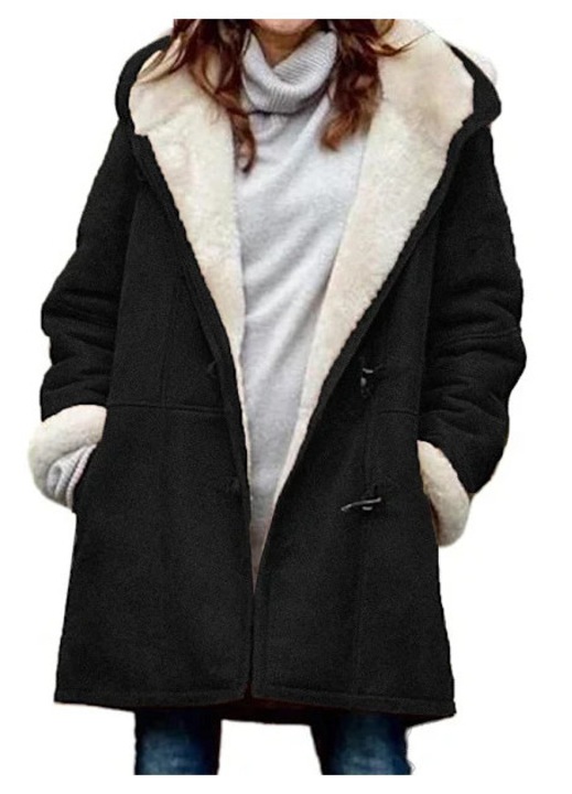 Jacheta sport femei, lunga, calduroasa, fleece, Negru