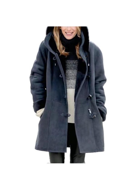 Jacheta pentru femei, lunga din fleece, calduroasa, bleumarin, de iarna