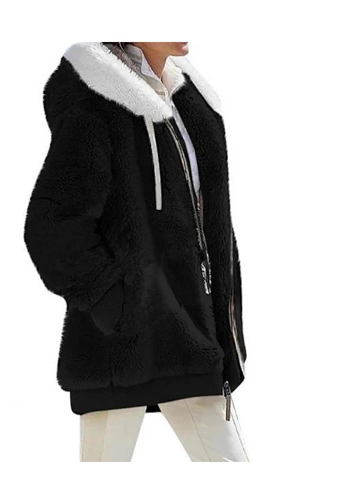 Geaca de iarna dama, blana artificiala, gluga din piele intoarsa, neagra