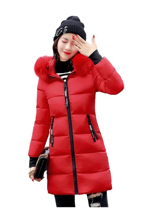 Geaca matlasata de dama, lunga, calduroasa, rosie