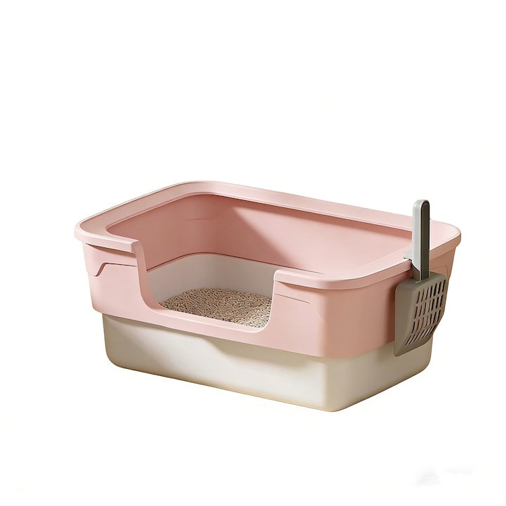 Cutie de nisip mare pentru pisici, rezistenta la stropire, toaleta seminchisa pentru pisici, cu design dublu stratificat, usor de curatat, izolatie de miros, multicolor, 45*31*20cm