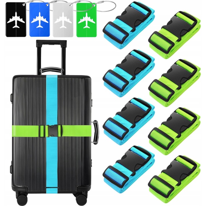 Set 8 curele bagaje cu 4 etichete, lungime ajustabilă 120-200cm, culori strălucitoare, poliester durabil