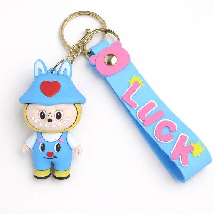 Breloc din Silicon cu Figurina Personaj Copii si Curea Albastra „Luck”, Accesoriu pentru Chei si Ghiozdan