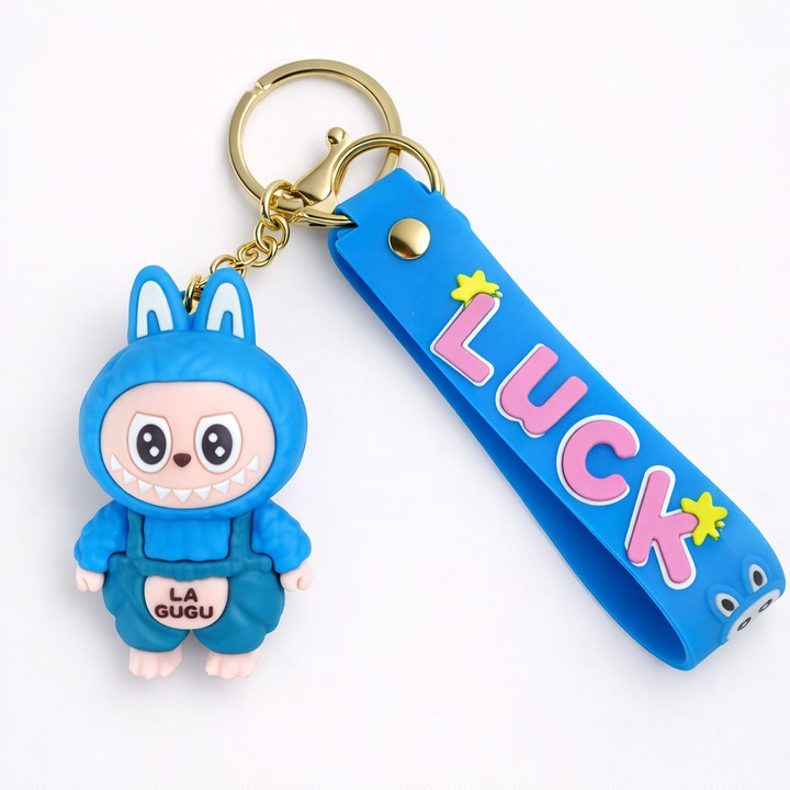 Breloc din Silicon cu Figurina Personaj Copii si Curea Albastra „Luck”, Accesoriu pentru Chei si Ghiozdan
