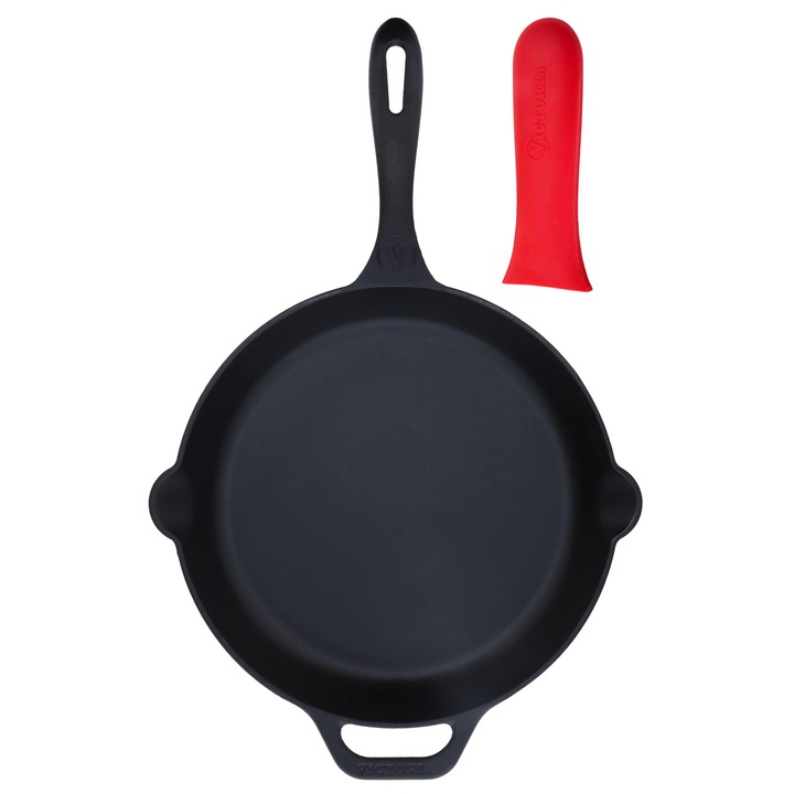 Tigaie Victoria din fonta, tigaie din fonta preargita cu suport pentru maner din silicon, fabricata in Columbia, 12 inchi