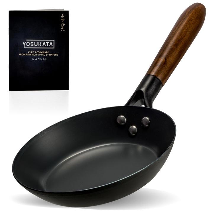 Tigaie din otel carbon YOSUKATA, 20 cm, maner detasabil, lemn rezistent la caldura