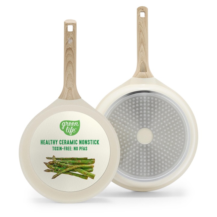 Set tigaie antiaderentă ceramică GreenLife Arte, 9" și 11", sigure pentru inducție, fără PFOA și PFAS, crema cu pete