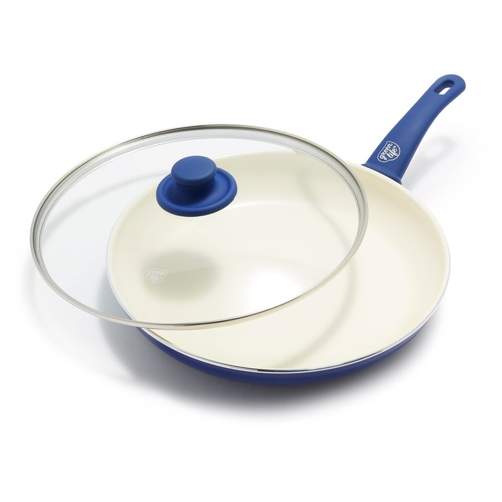 GreenLife Soft Grip Healthy Ceramic Antistick 12" Tigai cu capac, fara PFAS, se poate spala in masina de spalat vase, albastru