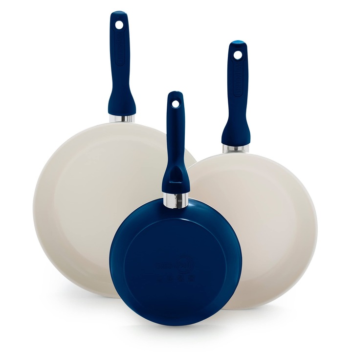 Set de tigaie GreenPan Rio din ceramica sanatoasa, anodizata dur, antiaderenta, 7", 9 "5" si 11", 3 piese, maner moale, fara PFAS, se poate spala in masina de spalat vase, la cuptor, albastru Oxford