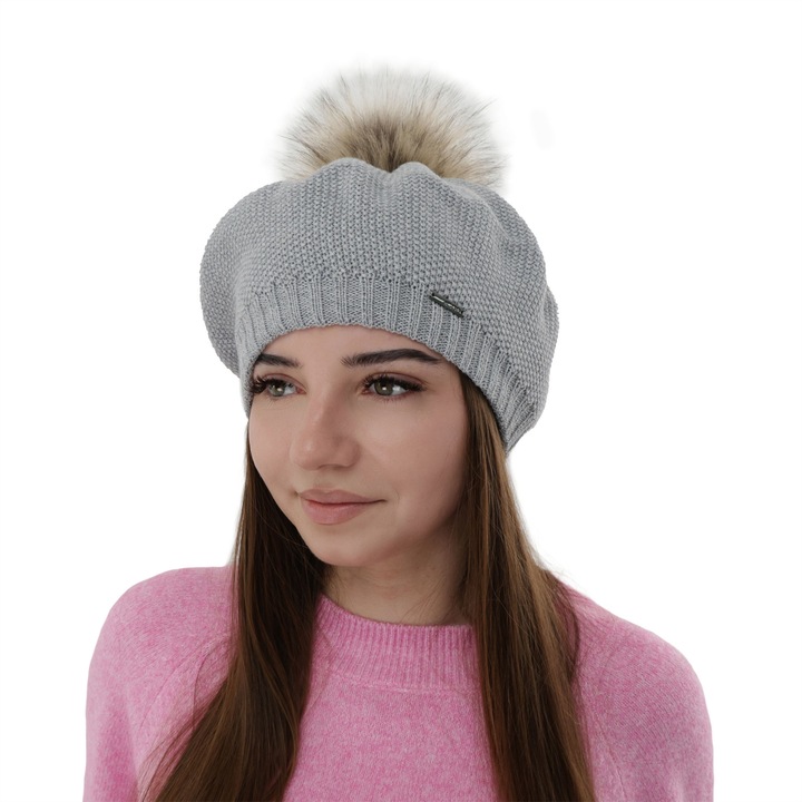 Bereta de iarna pentru femei Bonnie, lana merino, cu pompon, elastica, super eleganta, calitate superioara, culoare gri, Marime universala 55-60