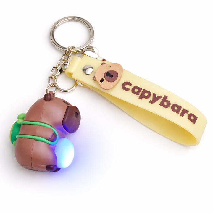 Breloc din Silicon cu Figurina Capybara cu LED si Curea Galbena, Accesoriu Luminos pentru Chei si Ghiozdan