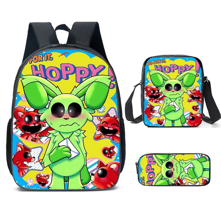 Set ghiozdan 3 piese Smiling Critters CatNap, rucsac, geanta umar si penar, tema joc Poppy Playtime, multicolor