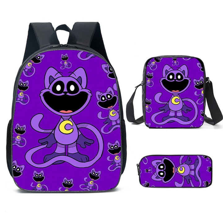 Set ghiozdan 3 piese Smiling Critters CatNap, rucsac, geanta umar si penar, tema joc Poppy Playtime, multicolor