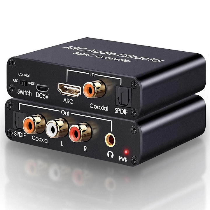 Convertor audio digital-analogic, Adaptor HDMI ARC Audio Extractor, Optical/SPDIF Coaxial, Jack Stereo L/R 3.5mm Pentru TV, 192KHz, 5.1 iesire vocala, OUYLAF, Negru