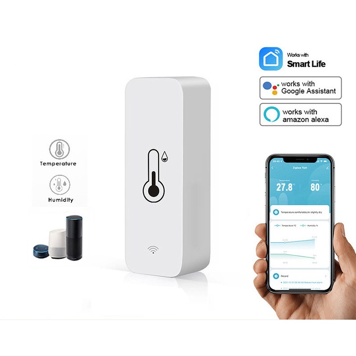 Senzor de temperatura/umiditate smart, Wireless, WiFi 2.4G, Suport pentru monitorizarea de la distanta a datelor, compatibil Tuya, Alexa si Google Assistant, Smart Home, APP, OUYLAF, Alb