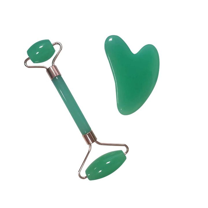 Комплект уред за масаж на лице с двойни ролки и плочи във формата на сърце, масаж за очи, светлозелен