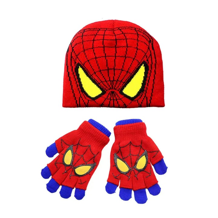 Set caciula si manusi Spider Man, rosu si albastru, pentru copii