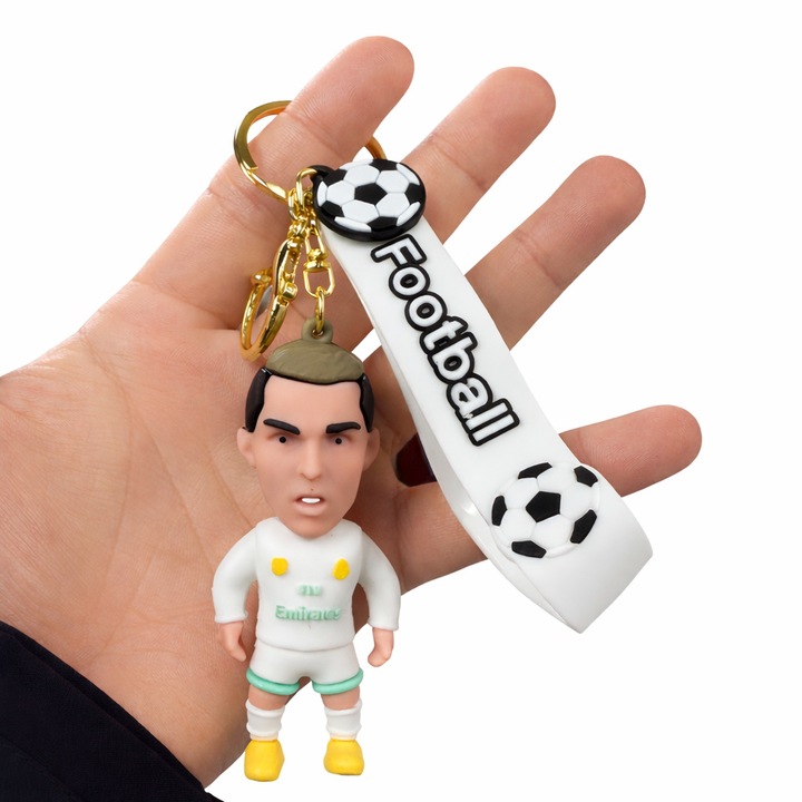 Breloc din Silicon cu Figurina Fotbalist si Curea „Football”, Model Sportiv Alb, Accesoriu pentru Chei si Ghiozdan