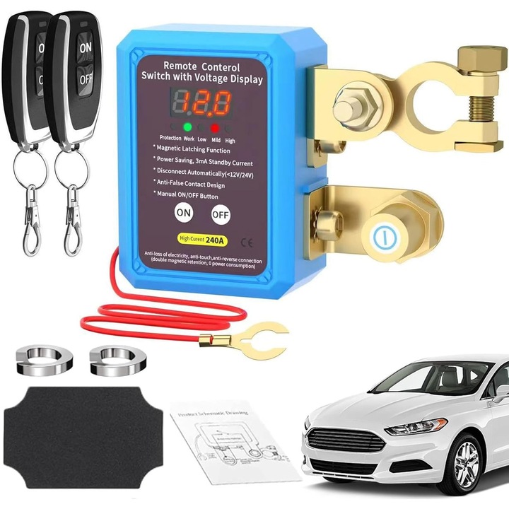 Dispozitiv antifurt auto cu telecomanda (albastru), YDCY™, comutator de deconectare a bateriei, comutator de deconectare a bateriei de la distanta de 12V 240A pentru a preveni descarcarea bateriilor masinilor, camioanelor, rulotelor si navelor
