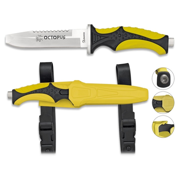 Cutit de scufundare Albainox Octopus, inox, maner ABS-rubber, 11.5cm, galben