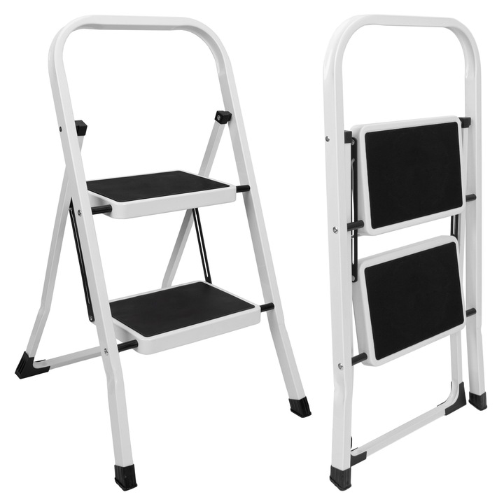 Сгъваема работна стълба с 2 стъпала, метална, бяла с черни детайли, противоплъзгаща, 150 кг, компактна
