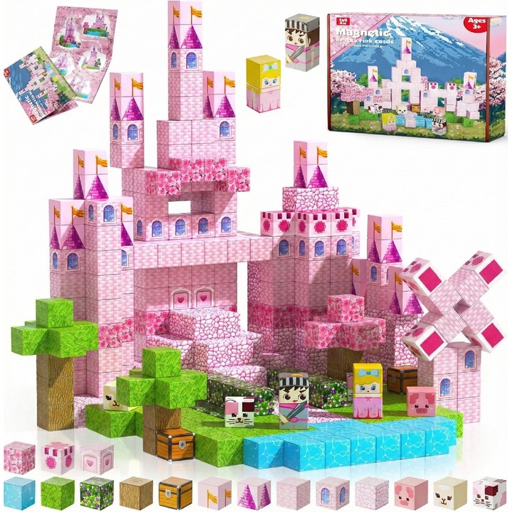 Bucati Magnetice - 100 Bucati Bucati de Constructie Magnetice, Set de Constructie Castel Printesa, Jucarii STEM pentru Copii de 3-8 ani, Jucarii Surpriza pentru Copii de 3, 4, 5, 6, 7, 8 Ani