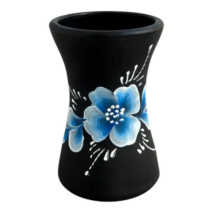 Mini vaza ceramica neagra 12 cm model clepsidra, decorata manual cu floare albastra – vaza decorativa, suport creioane, articol decorativ