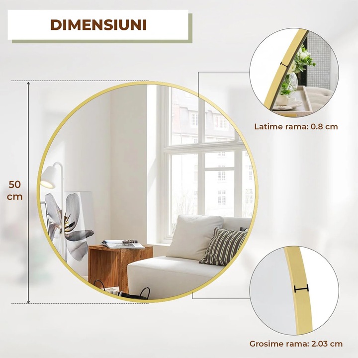 Elindor® Dekoratív, Modern és Elegáns Kerek Tükör 50 cm Arany Kerettel, HD Reflexió, Torzításmentes Üveg, Ideális Hálószobába, Nappaliba, Irodába, Öltözőbe, Előszobába