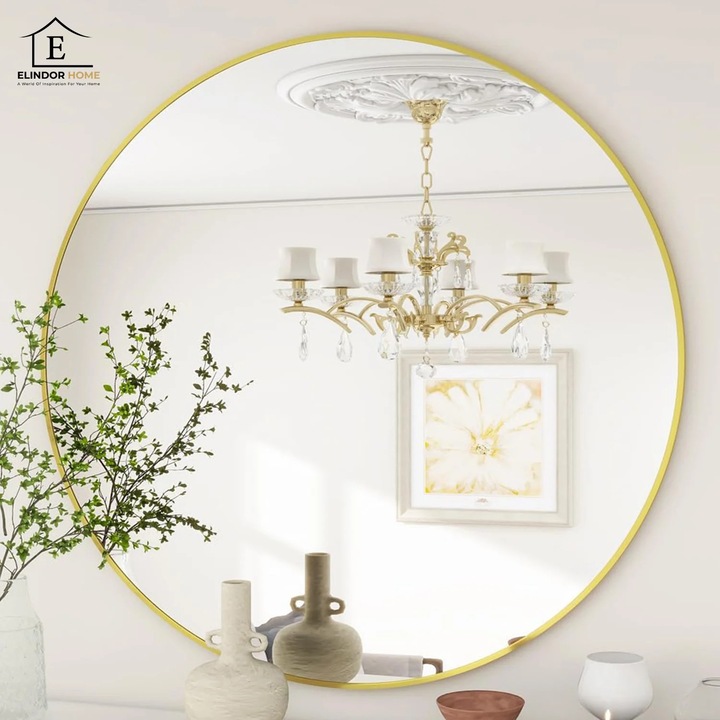 Oglinda Rotunda 50 cm Rama Aurie Elindor® Decorativa, Moderna si Eleganta, Reflexie HD, Sticla fara Distorsiuni, Ideala pentru Dormitor, Living, Birou, Dressing, Hol