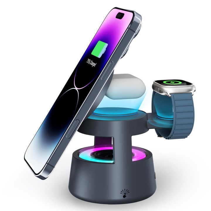 Difuzor Bluetooth NEUTYPECHIC cu incarcator cu inductie 5 in 1, lampa de birou, suport inclinabil la 65°, lumina de noapte