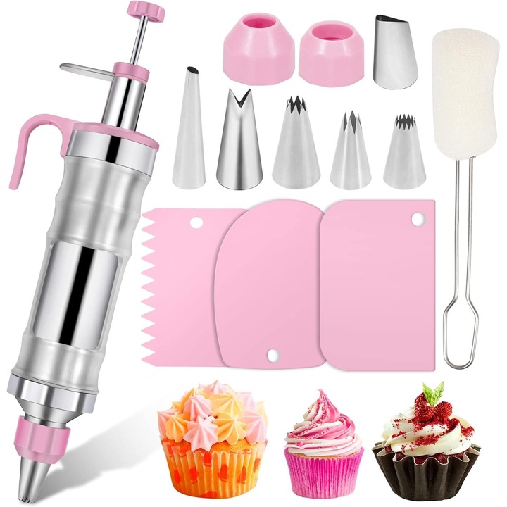 Set seringa de ornat Onuvio din inox 304, 6 duze interschimbabile, 3 spatule, perie curatare, roz, 28.5x5.5x3.5cm