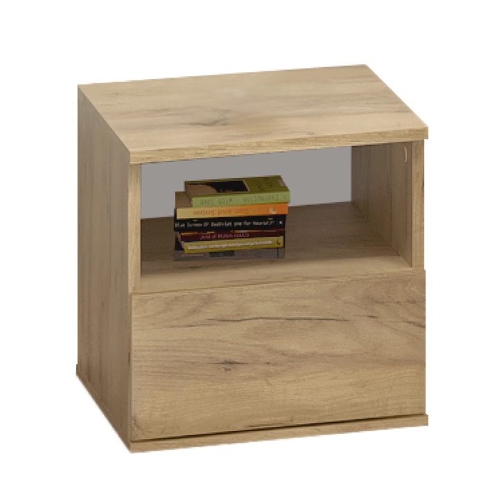 Noptiera, din PAL, culoare stejar artisan, design modern, cu un sertar si un spatiu de depozitare deschis, 40x40x40 cm