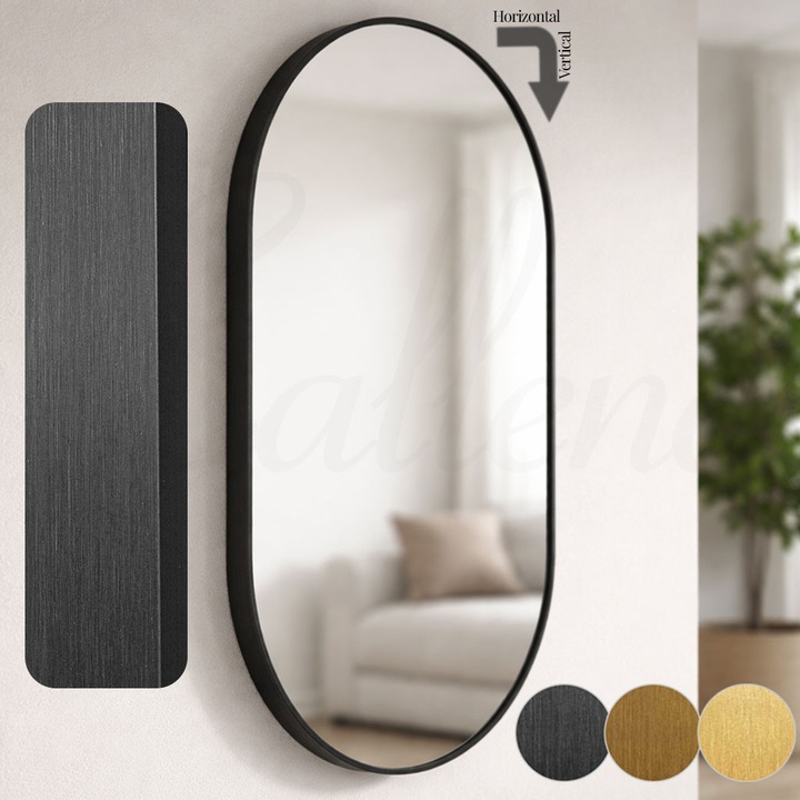 Oglinda baie ovala, cu rama Neagra, 70x40 cm, verticala/orizontala, din aluminiu, oglinda de perete, decorativa, pentru hol, sufragerie