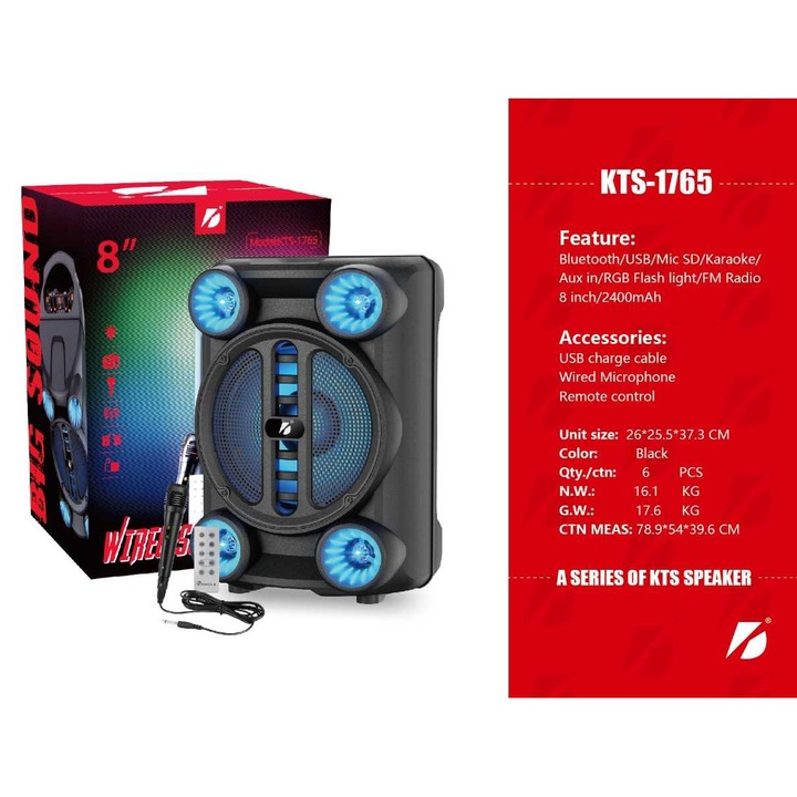 Boxa Bluetooth karaoke Elworld KTS-1765, microfon cu fir, telecomanda, iluminare LED RGB, Bluetooth 5.0, suport USB/card Micro SD, radio FM, negru