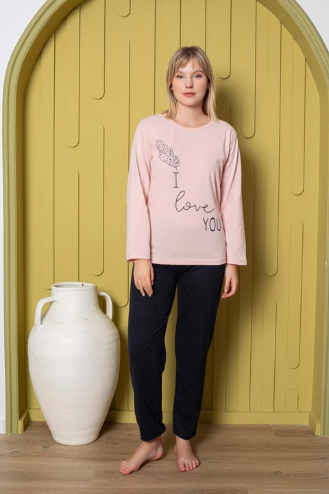 Pijama dama, bluza cu maneca lunga si pantaloni lungi, Roz/Negru M