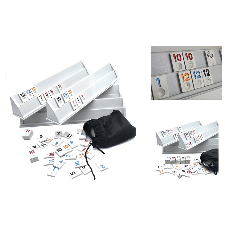 Joc Remi (rummy) ANGMAD, Set Complet cu 4 Table din Plastic, Piese Multicolore, Saculet Depozitare, Joc de Societate Familie 2-4 Jucatori, 53.5x13x10 cm, Gri multicolor