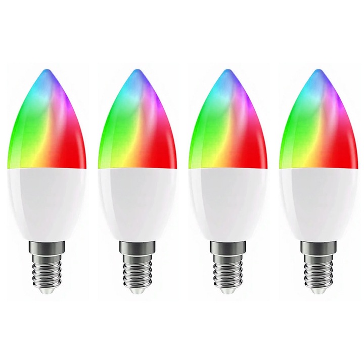 Set 4 x Bec LED Smart RGB E14, Ideal Pentru Lustre, Veioze Si Lampi Decorative, 16 Milioane Culori, Control Din Aplicatie Si Vocal Alexa/Google, Lumina Cald-Rece Ajustabila, Automatizare Smart Home, Alb